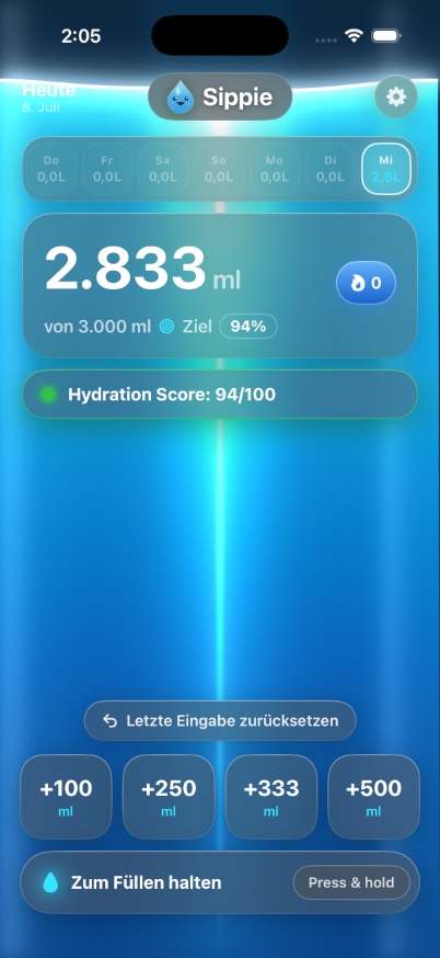 Sippie dashboard showing 2.8L logged with a 94 hydration score