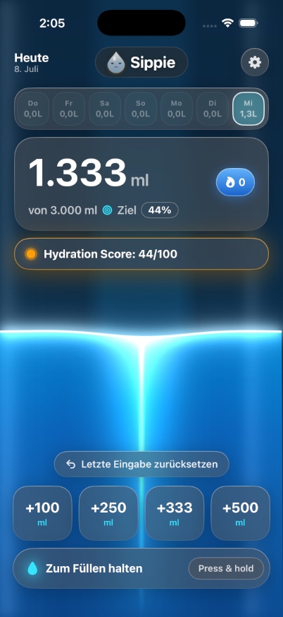 Sippie dashboard showing 1.3L logged toward a 3L daily goal